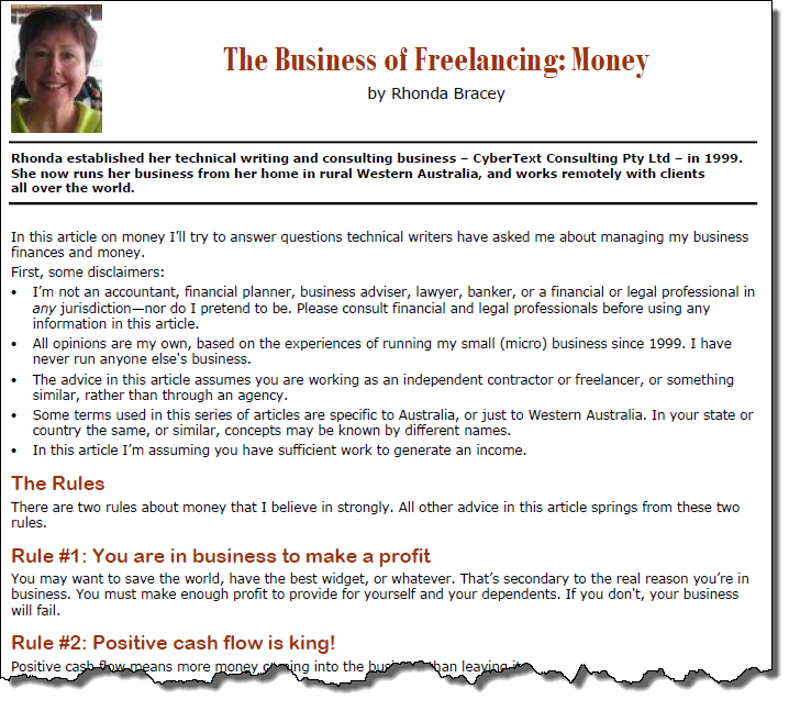 Screenshot from The Business of Freelancing: Money article