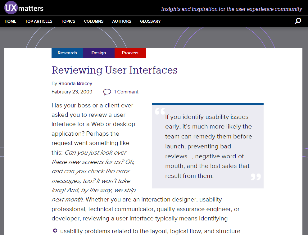 Screenshot of Reviewing User Interfaces article